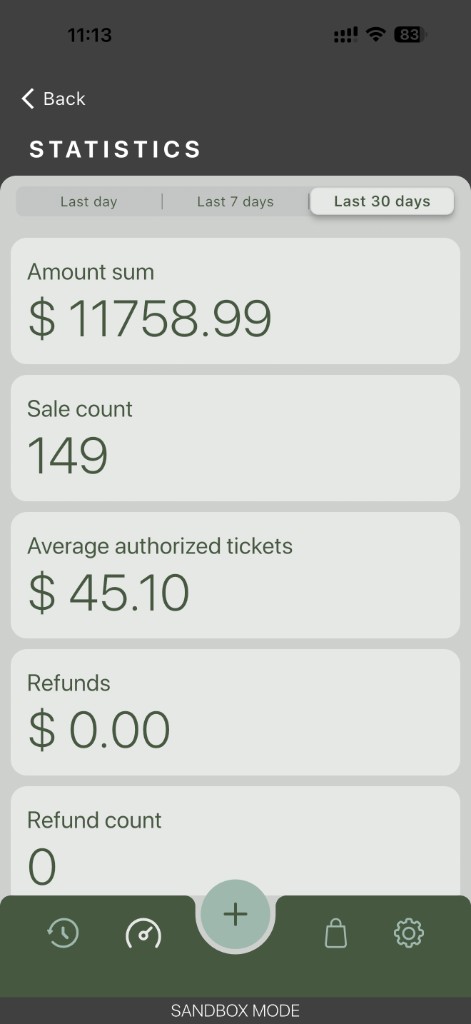 Processa statistics for last day, 7 days, or 30 days showing amount sum, sale count, averages, and refunds